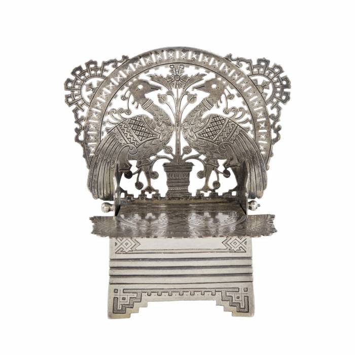 Russian silver salt cellar-throne in the neo-Russian style from the workshop of A. FULDA. Moscow 1881.