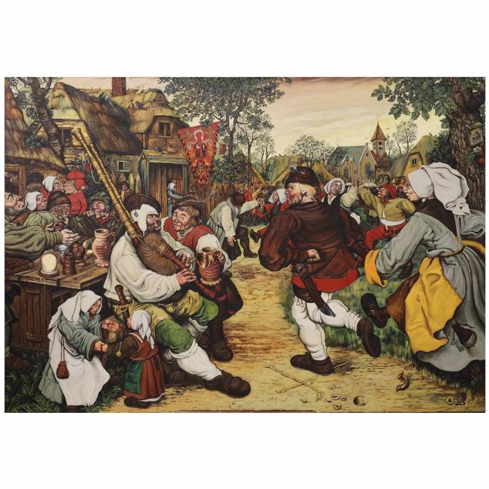 Peinture Village de vacances dans le style de Bruegel. 20ième siècle. 