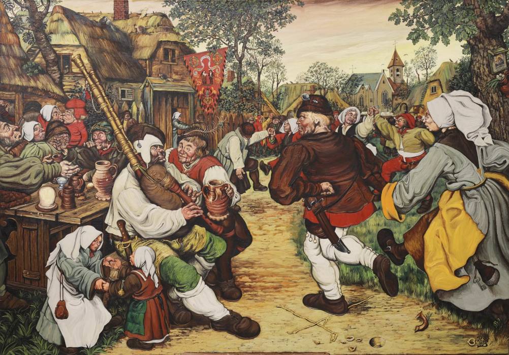 Painting Village holiday in the style of Bruegel. 20th century. 
