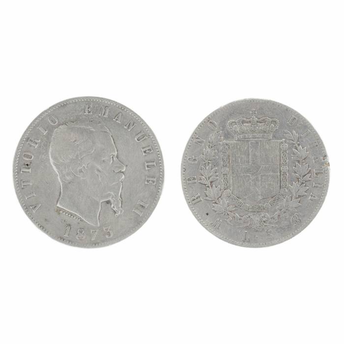 Silver coin five liras. Italy 1873. 