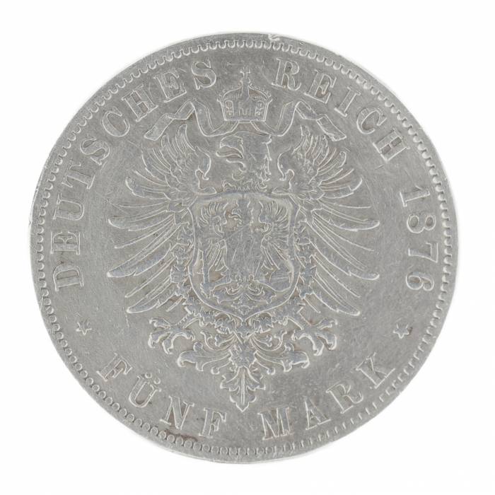 Pièce en argent de 5 marks. Allemagne 1876. 