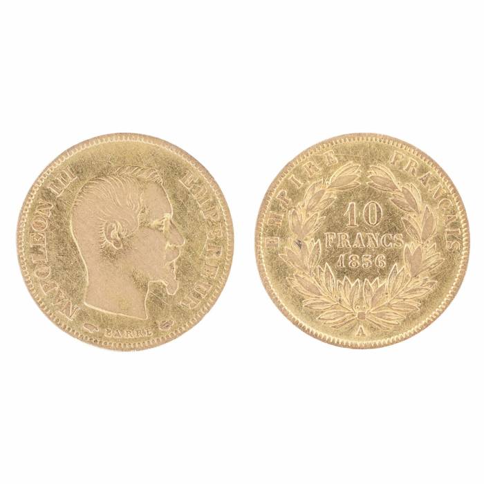 Zelta monēta 10 franki. Francija, 1856. gads. 