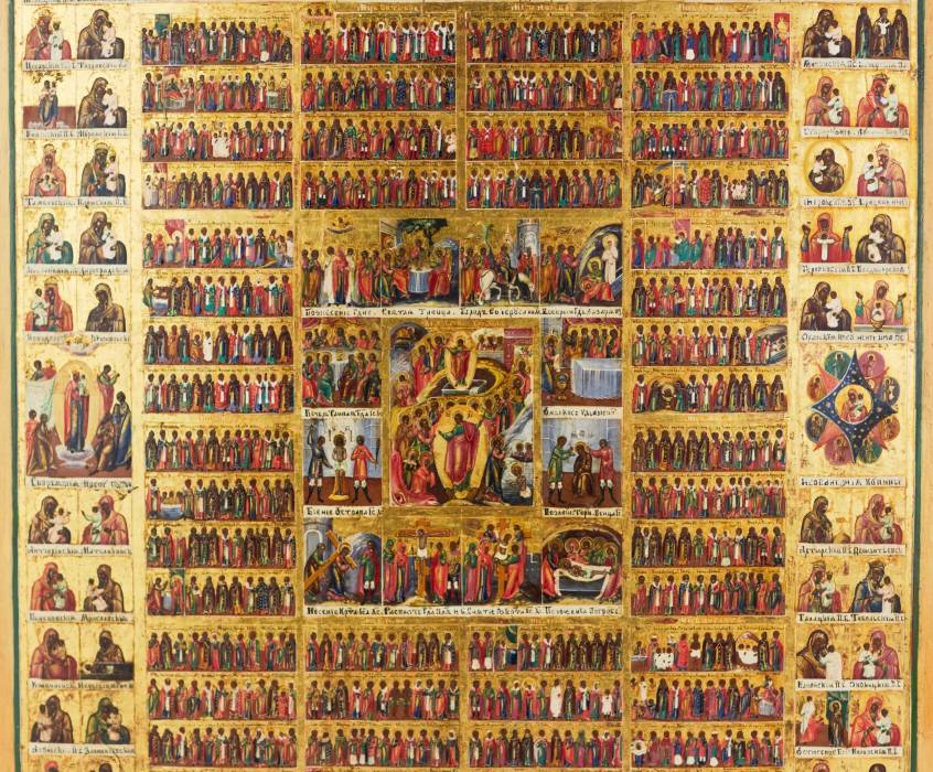 A magnificent icon of the Feasts with an annual menaion and a two-row cycle of Mother of God icons. Russia.19th century. 