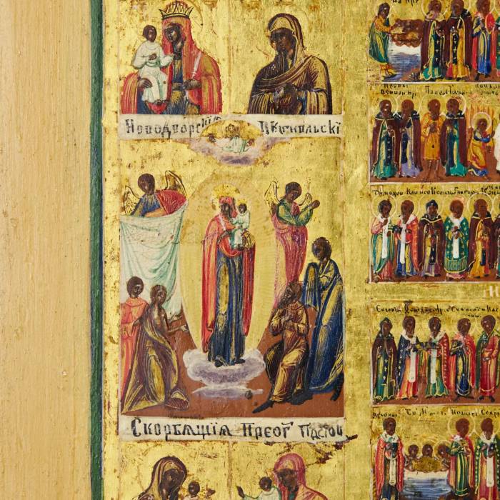 A magnificent icon of the Feasts with an annual menaion and a two-row cycle of Mother of God icons. Russia.19th century. 