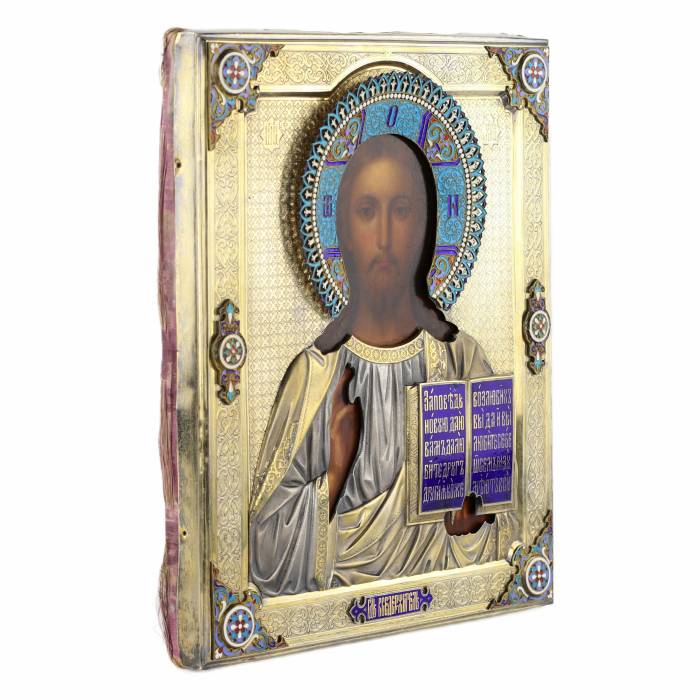 Icon of the Lord Pantocrator in a gilded silver frame with enamels. Russia. Moscow, 1891 