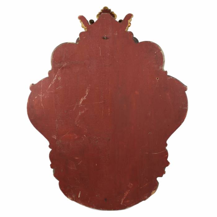 Large, carved, wooden coat of arms depicting a knight`s helmet topped with a crown. 19th century. 