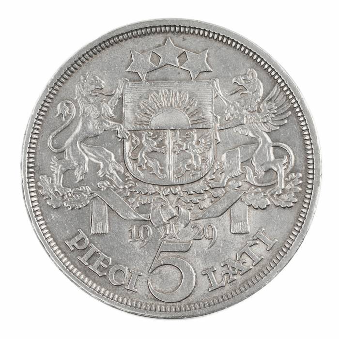 Pièce d`argent 5 LATI. 1929 Lettonie. 