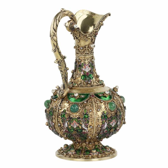 Exquisite silver with enamel and natural stones pitcher. Austro-Hungarian Empire of the 19th century. 