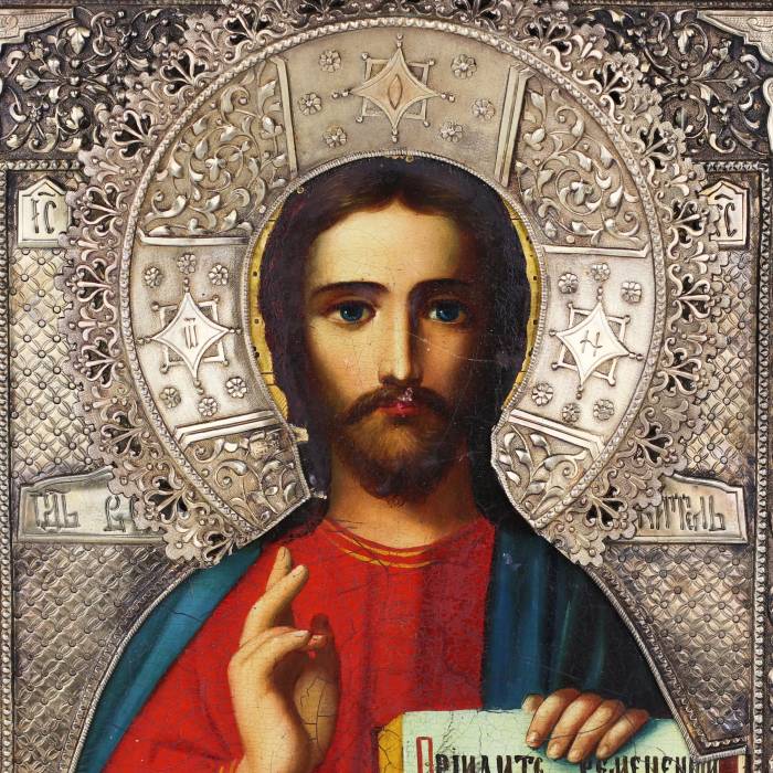 Icône Christ Pantocrator avec un oklad en argent de la fabrique d`Ivan Semionovitch Goubkine Moscou, 1865