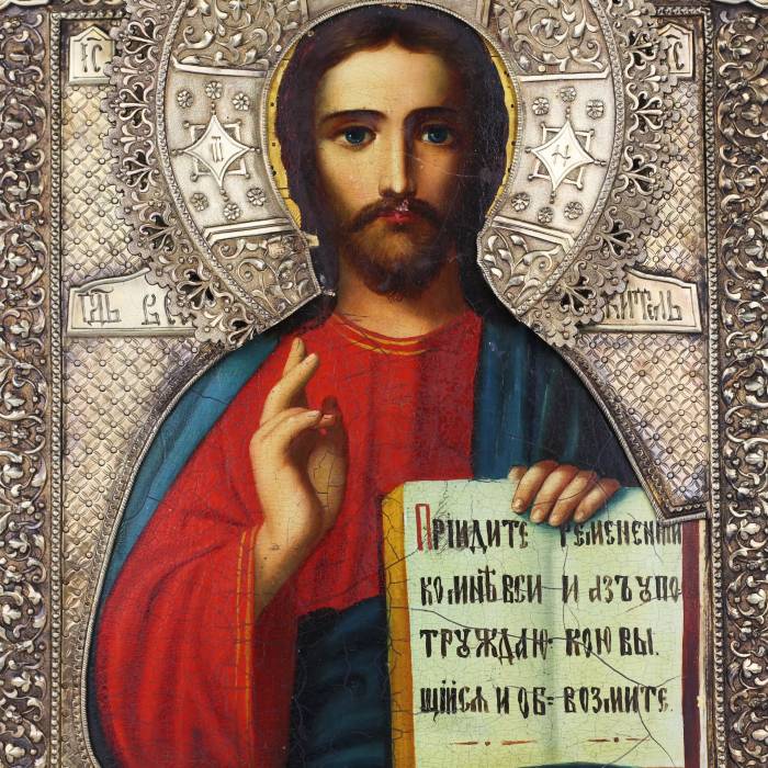 Icône Christ Pantocrator avec un oklad en argent de la fabrique d`Ivan Semionovitch Goubkine Moscou, 1865