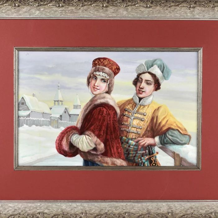 Акварель Ухаживание на зимних улицах Руси в 16 веке.