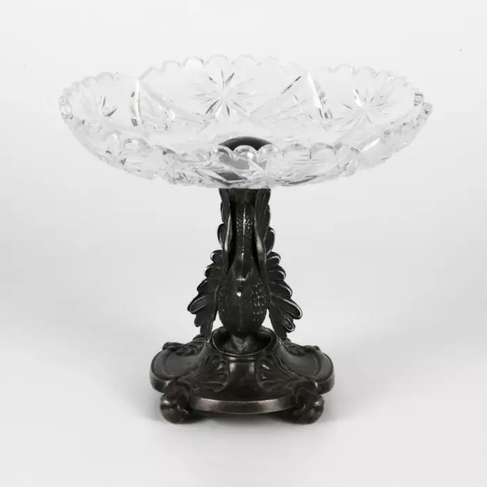 Crystal candy bowl on a stand in the form of 2 swans. 