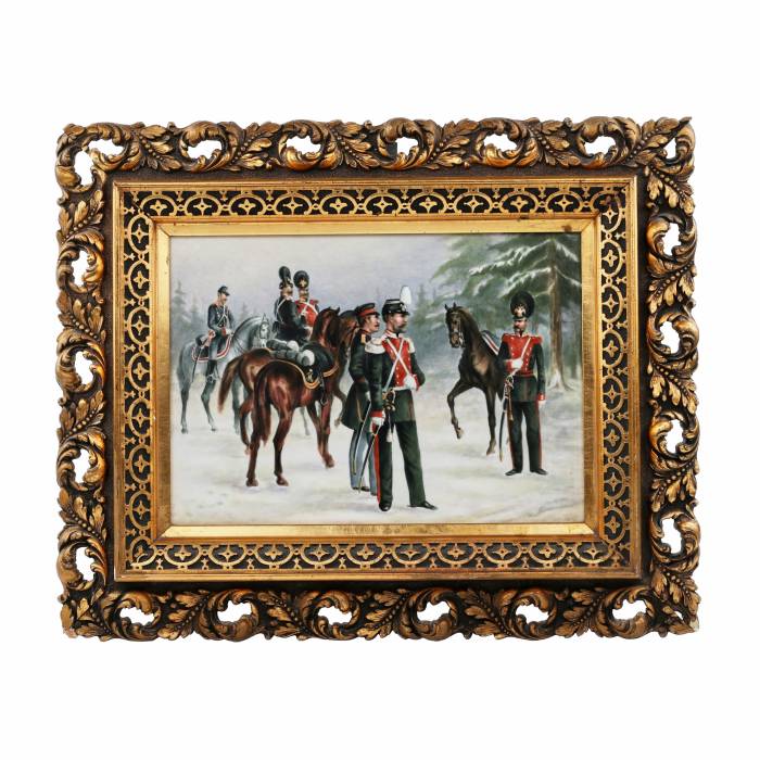 Porcelain plaque of the IPF, with a view of soldiers and officers of the dragoon regiment of the times of Nicholas I. 