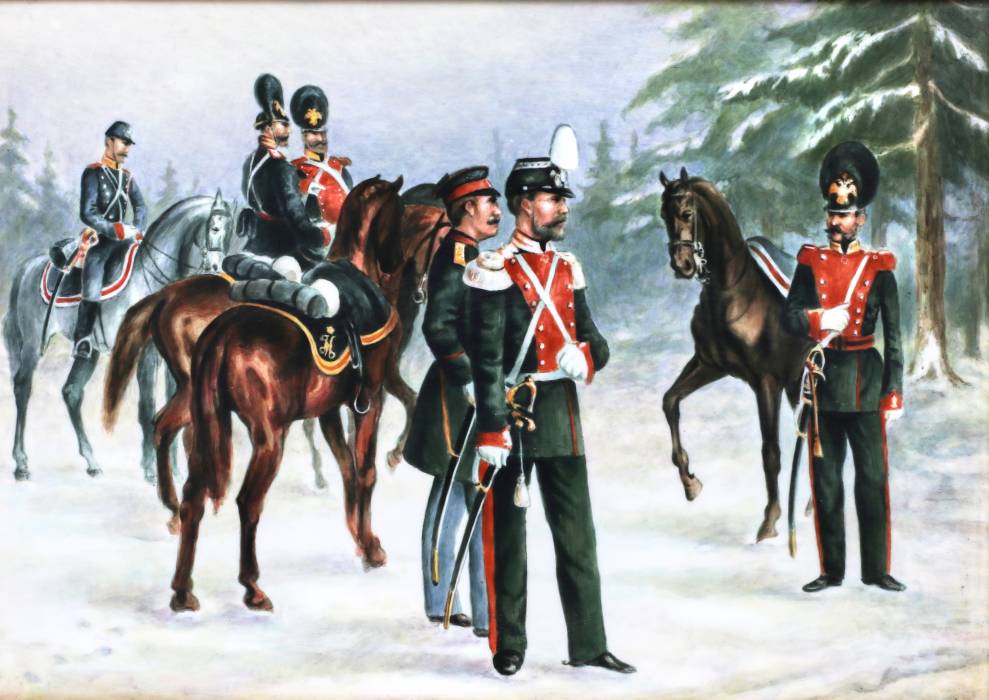Couche de porcelaine de l`IPM, avec vue sur les soldats et officiers du regiment de dragons de l`epoque de Nicolas Ier 