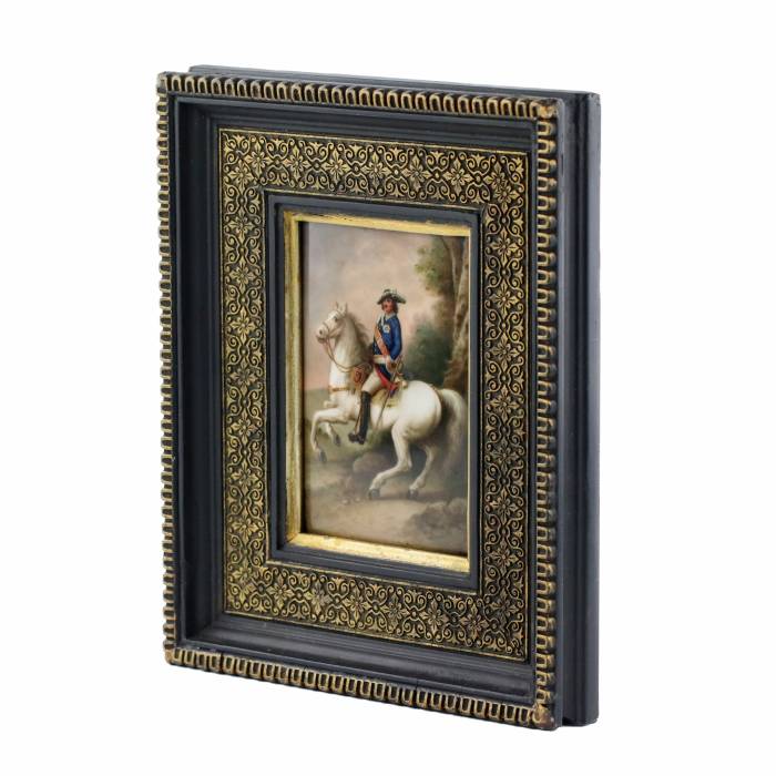 Porcelain plaque. Portrait of the equestrian monarch Peter the Great. 19th century. 