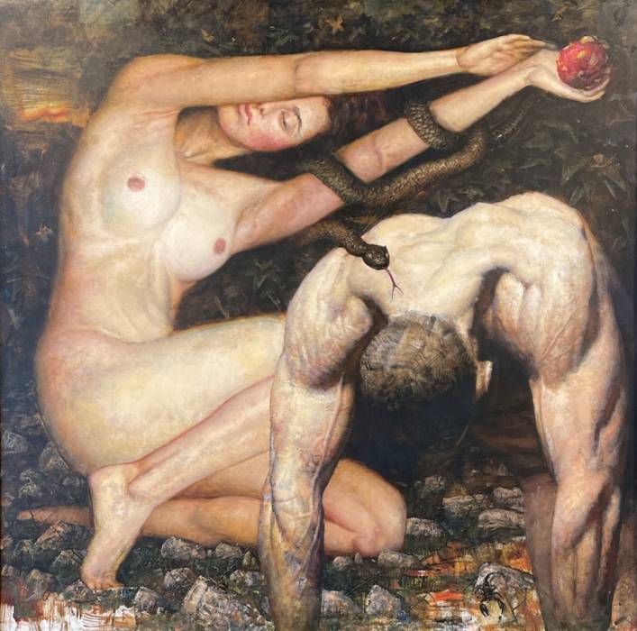 Impression giclée surpeinte sur toile, Adam et Eve. 2023. Par Kartashov Andrey, Russie, 21e siècle. 1 sur 15 Impression teintée. 