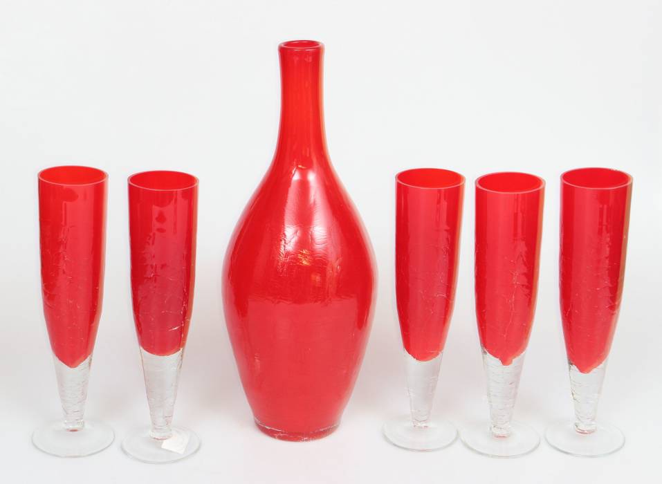 Red glass decanter with five glasses