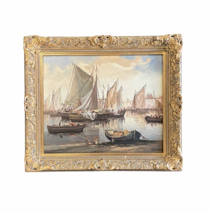 Sailing Boats in Harbor, Oil on Canvas, Mid-20th Century