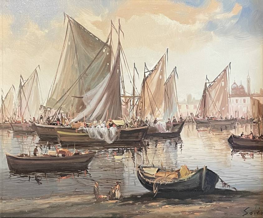 Sailing Boats in Harbor, Oil on Canvas, Mid-20th Century