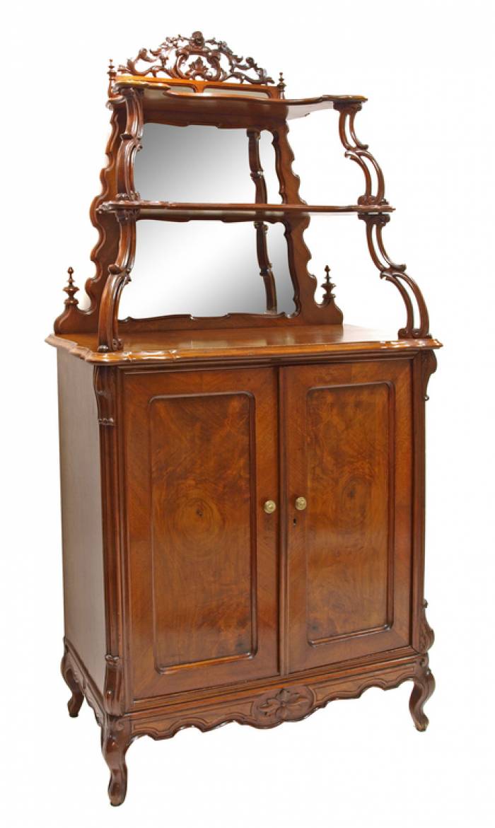 A small walnut sideboard with mirror and shelves