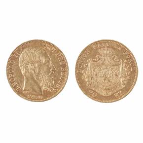 Pièce d`or de 20 francs Leopold II Roi de Belgique. 1874