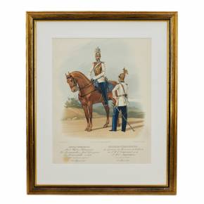 Chromolithographie de l`uniforme des officiers en chef du regiment de cuirassiers des sauveteurs en 1855. 