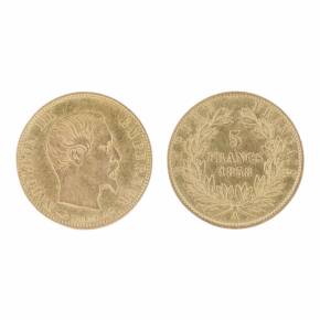 Золотая монета 5 франков. Франция, 1858 год.