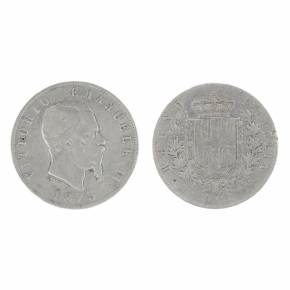 Sudraba monēta piecas liras. Itālija 1873. 