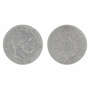 Серебряная монета 5 марок.  Германия 1876 год.
