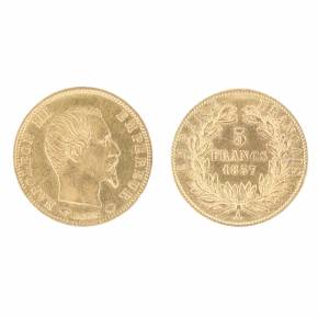 Золотая монета 5 франков. Франция. 1857 год.