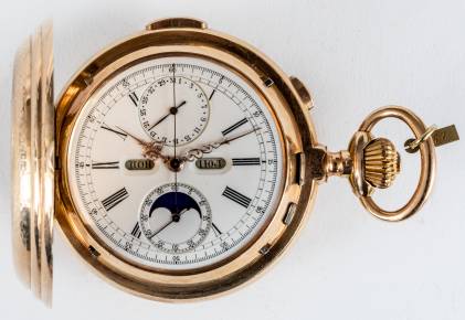  Répétition minutes, chronographe, triple quantième, phases de lune. Or 14 K. Le Phare pour la Russie. au tournant des XIXème et XXème siècles. 