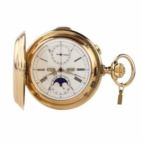  Répétition minutes, chronographe, triple quantième, phases de lune. Or 14 K. Le Phare pour la Russie. au tournant des XIXème et XXème siècles. 