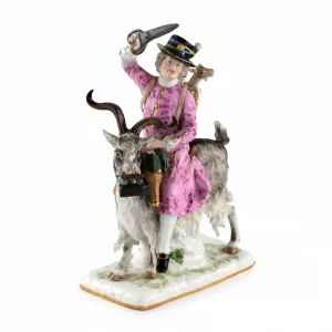 La figurine en porcelaine Le tailleur du comte Brühl sur une chèvre 