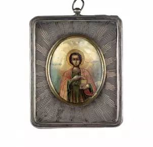 Icon The Holy Great Martyr Panteleimon in a silver setting
