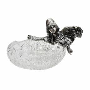 Pot de fruits russe en cristal lourd et argent, sous la forme d`une figure feminine - l`oiseau Alkonost. 