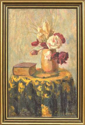 Still life with flowers and book