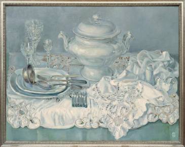 Painting Still life with terrines and glasses