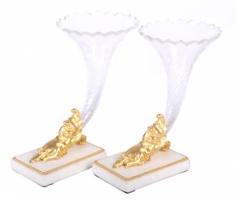 Trumpet-shaped glass vases on a marble base with gilded bronze (pair)