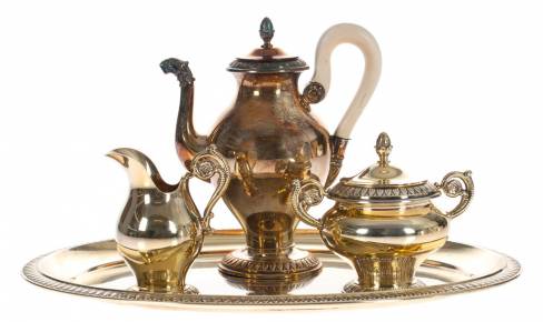 Gilded silver set - coffee pot, cream bowl, sugar-basin and tray