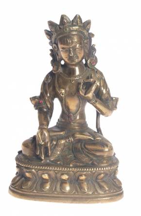 Antīkā Tibetas budisma zeltīta bronzas figūra ar septiņiem akmeņiem Baltā Tara 